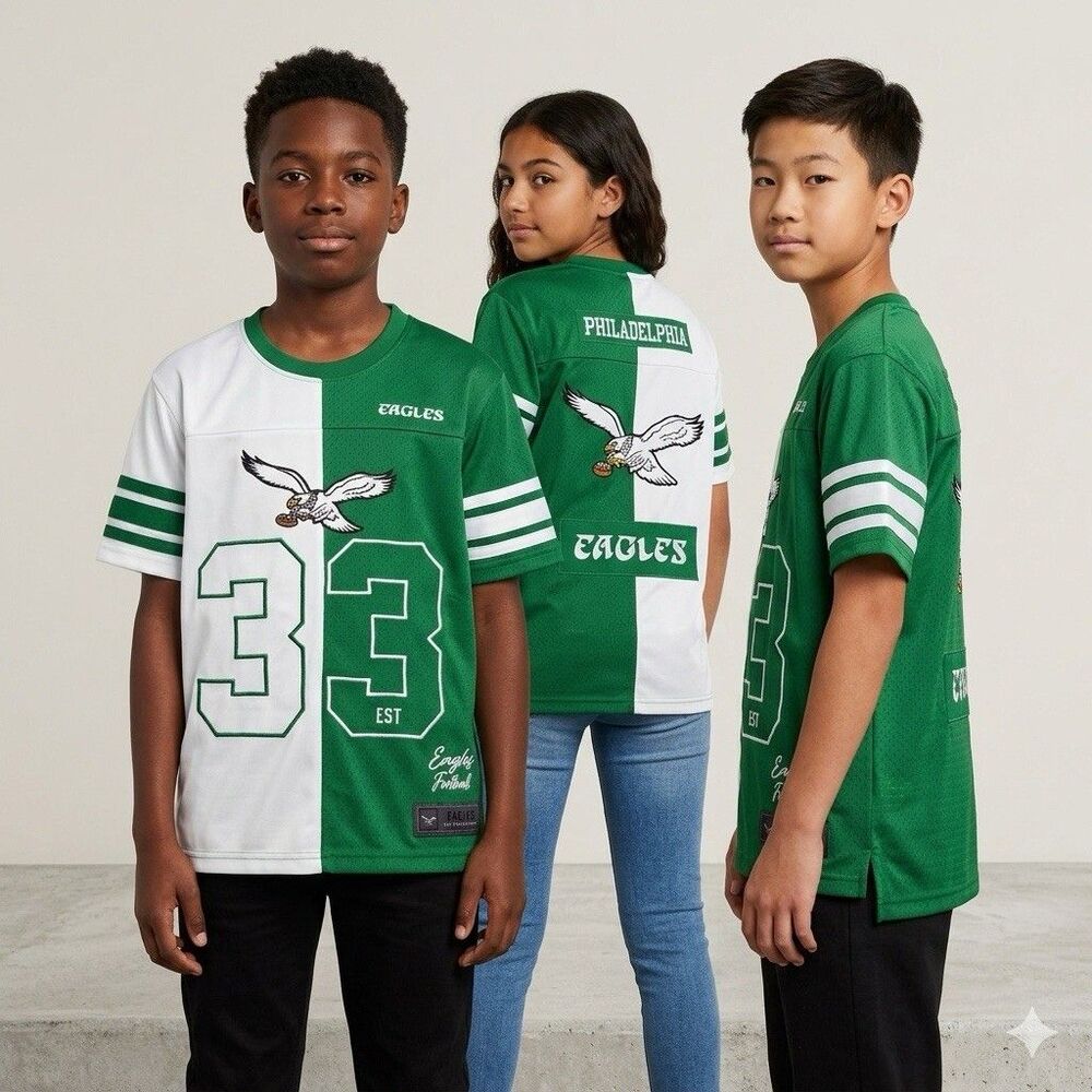 NFL Boys Philadelphia Eagles Split Jersey V-Neck Tee NWT L 14-16 #33 Bicolor